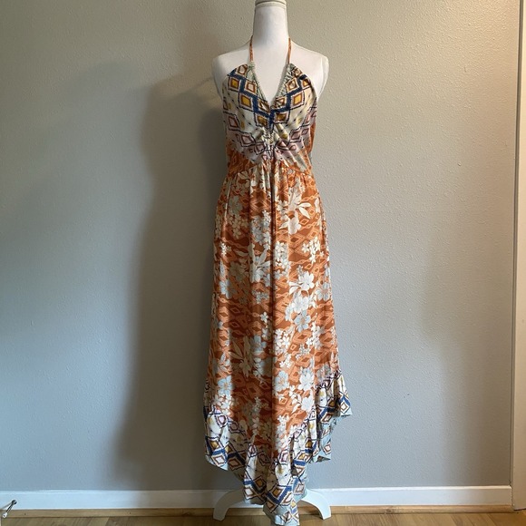Angie Pants - Angie Boho Mixed Print Halter Jumpsuit L | Wide Leg Ruffle Hem Festival Style